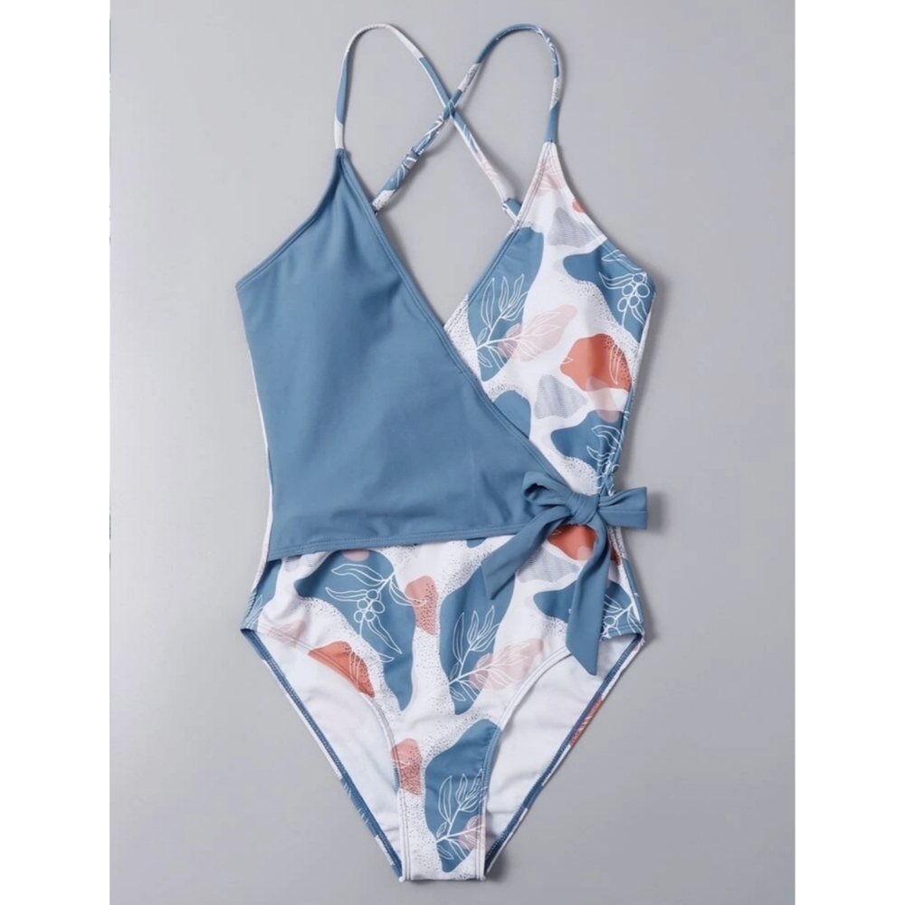 Shein Blue Mushroom Print Wrap One Piece